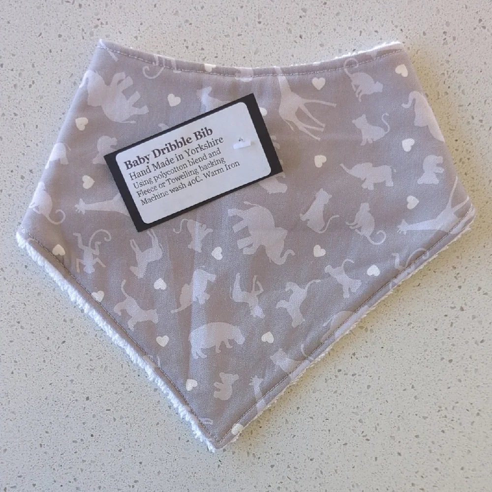 European Gray Safari Animal Print Baby Dribble Bib: koalas, giraffe, elephants